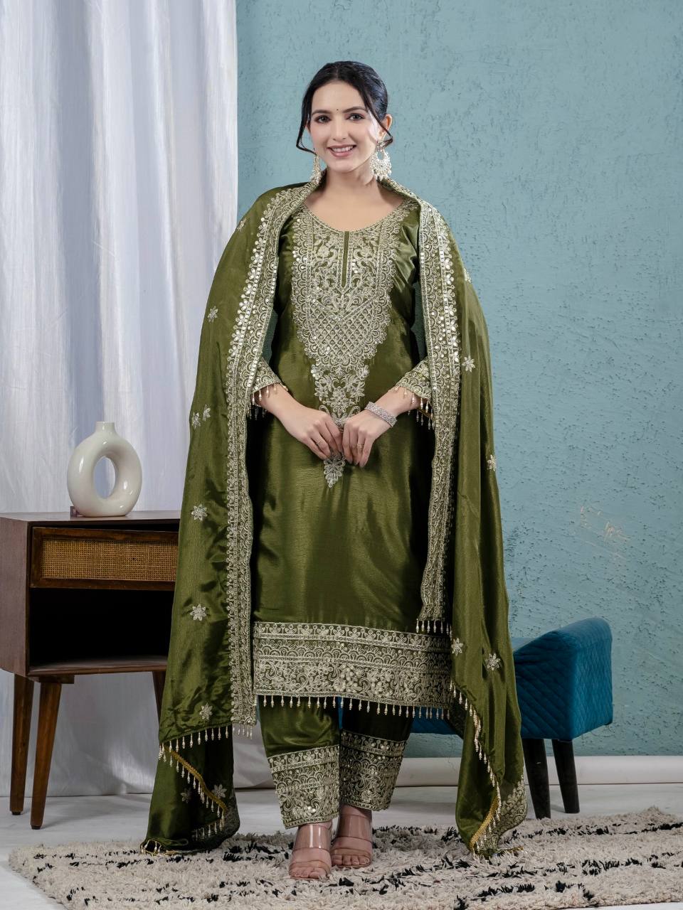 Deep Moss Satin Embellished Set